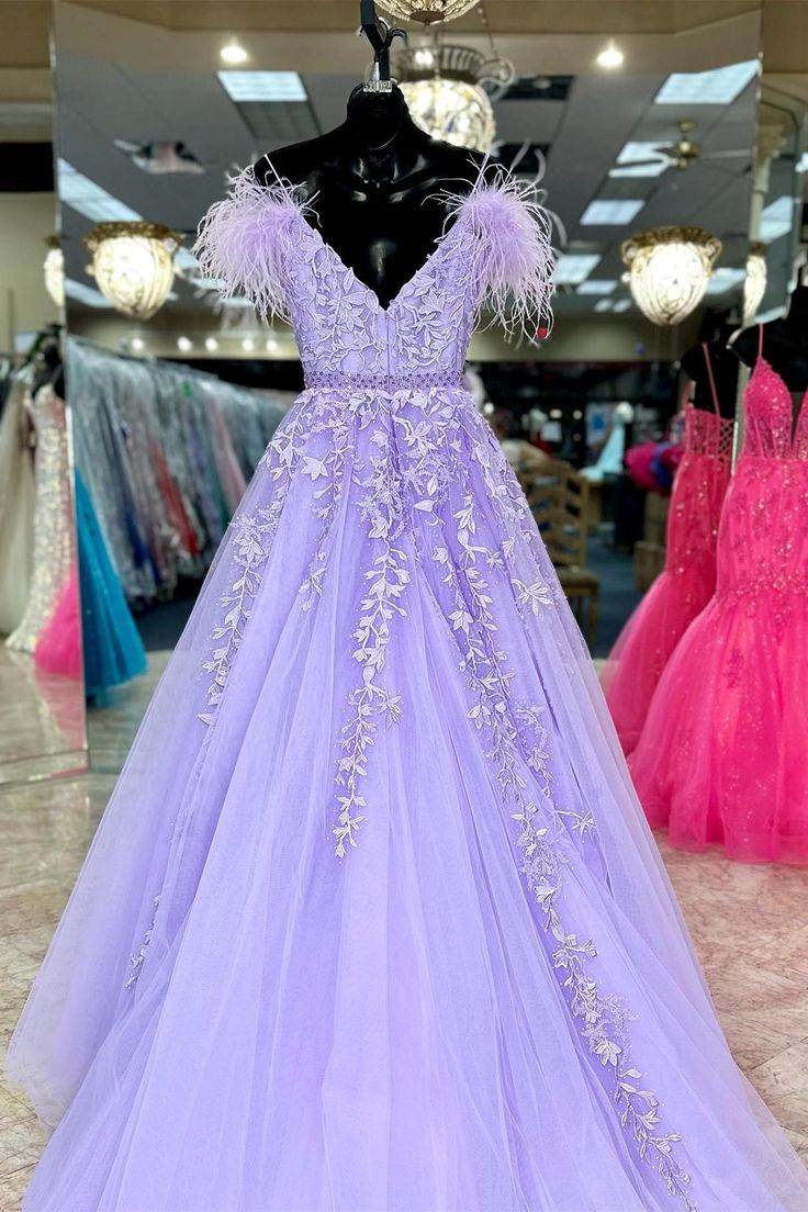 A-Line Off-the-Shoulder Lilac Lace Prom Dresses Appliques Feathers - MyChicDress