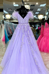 A-Line Off-the-Shoulder Lilac Lace Prom Dresses Appliques Feathers - MyChicDress