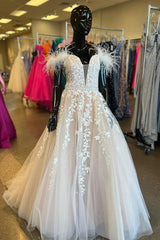 A-Line Off-the-Shoulder Lilac Lace Prom Dresses Appliques Feathers - MyChicDress