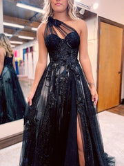 A-Line One Shoulder 2024 Prom Dresses Black Tulle Lace Formal Dress