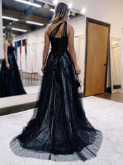 A-Line One Shoulder 2024 Prom Dresses Black Tulle Lace Formal Dress