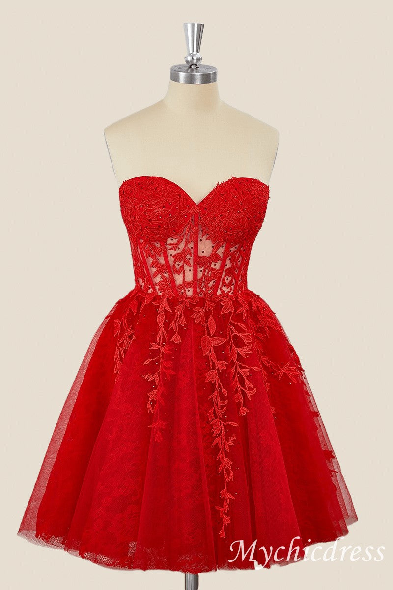A-Line Red Homecoming Dresses Lace Appliques Short Dama Dress - MyChicDress