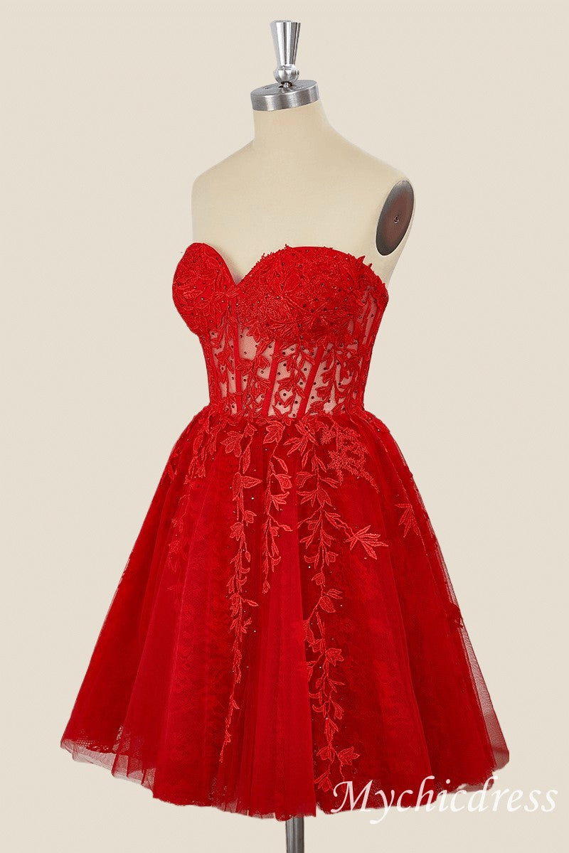 A-Line Red Homecoming Dresses Lace Appliques Short Dama Dress - MyChicDress