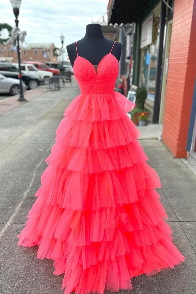 A-Line Red Layers Prom Dress Plunging V Neck Long Evening Dress - MyChicDress