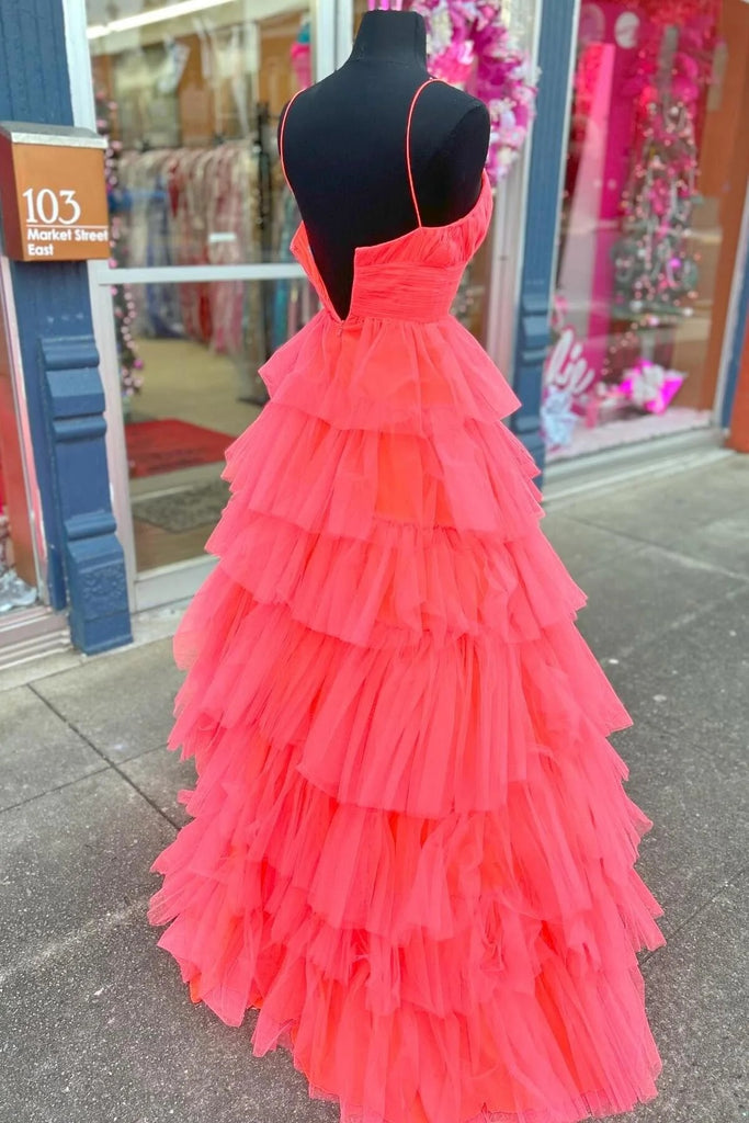 A-Line Red Layers Prom Dress Plunging V Neck Long Evening Dress - MyChicDress