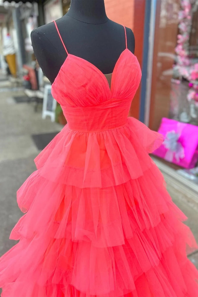 A-Line Red Layers Prom Dress Plunging V Neck Long Evening Dress - MyChicDress