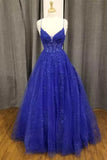 A-Line Royal Blue Formal Gown Long V-Neck Lace Prom Dress Applique