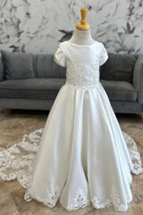 A-Line Satin Embroidery Flower Girl Dress Lace-Up Back Sweep Train
