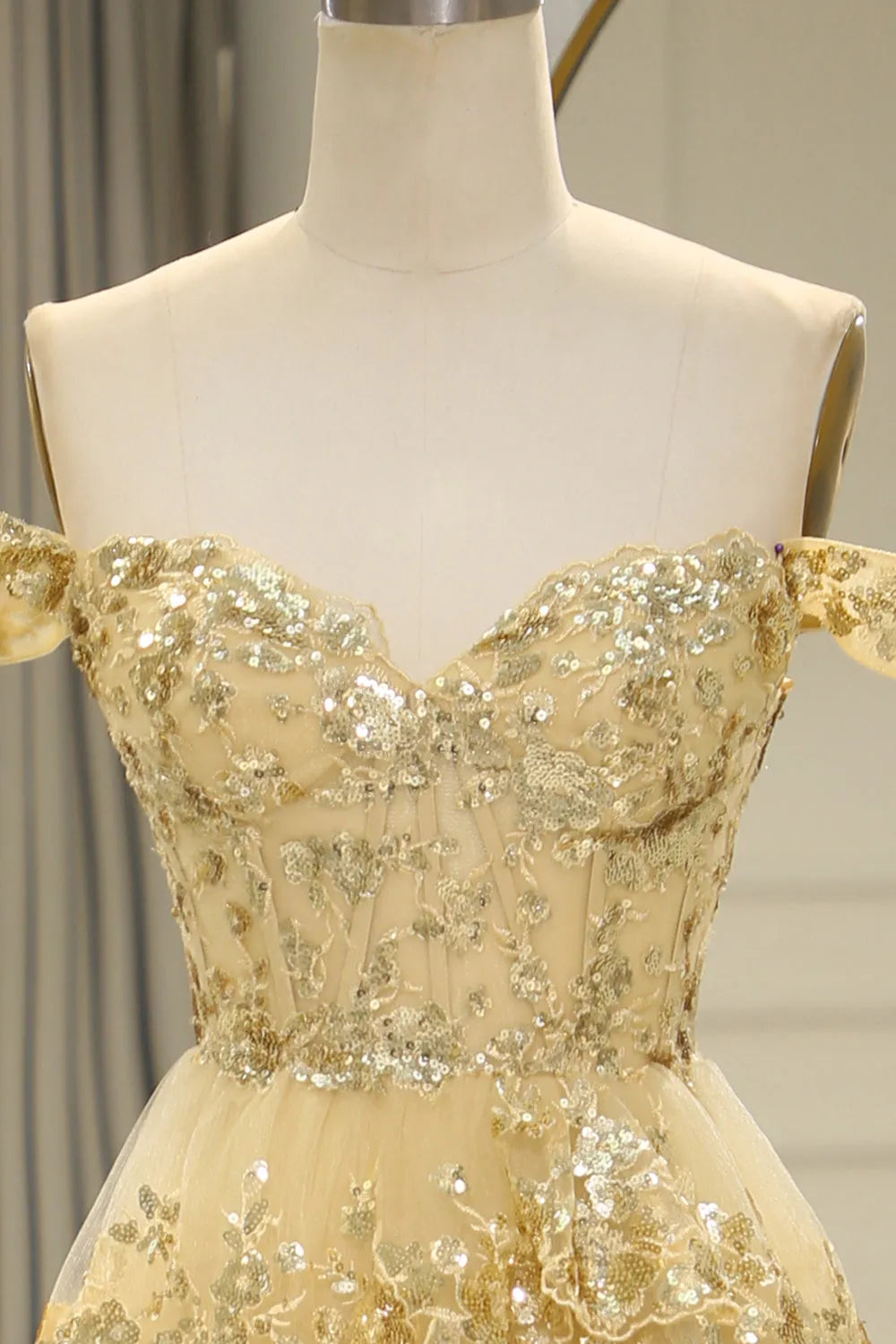 A-Line Sequin Lace Tiered Gold Prom Dress Off The Shoulder - MyChicDress