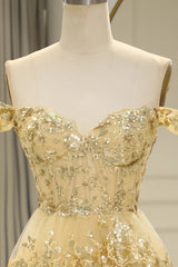A-Line Sequin Lace Tiered Gold Prom Dress Off The Shoulder - MyChicDress