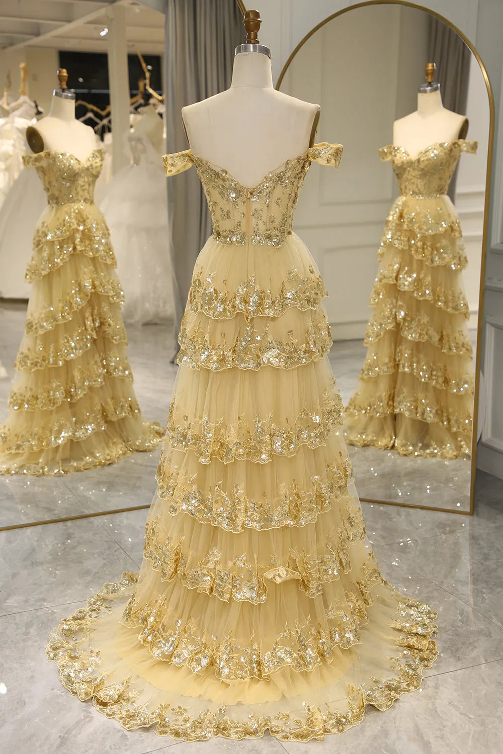 A-Line Sequin Lace Tiered Gold Prom Dress Off The Shoulder - MyChicDress