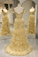 A-Line Sequin Lace Tiered Gold Prom Dress Off The Shoulder - MyChicDress
