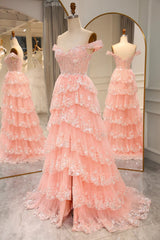 A-Line Sequin Lace Tiered Gold Prom Dress Off The Shoulder - MyChicDress