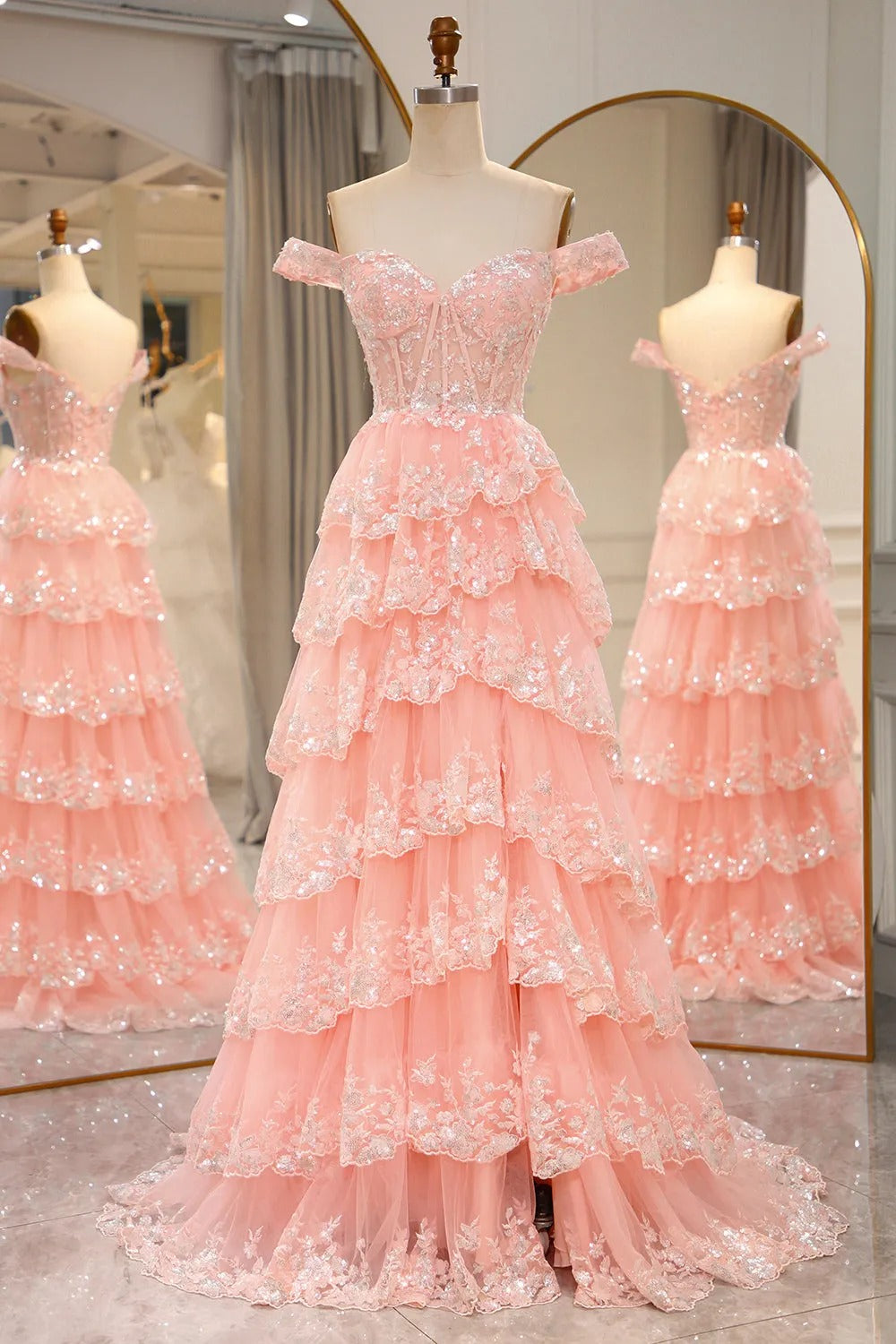A-Line Sequin Lace Tiered Gold Prom Dress Off The Shoulder - MyChicDress
