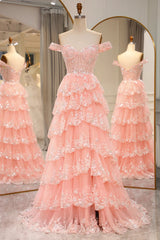A-Line Sequin Lace Tiered Gold Prom Dress Off The Shoulder - MyChicDress