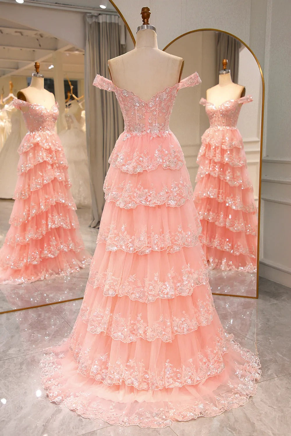 A-Line Sequin Lace Tiered Gold Prom Dress Off The Shoulder - MyChicDress
