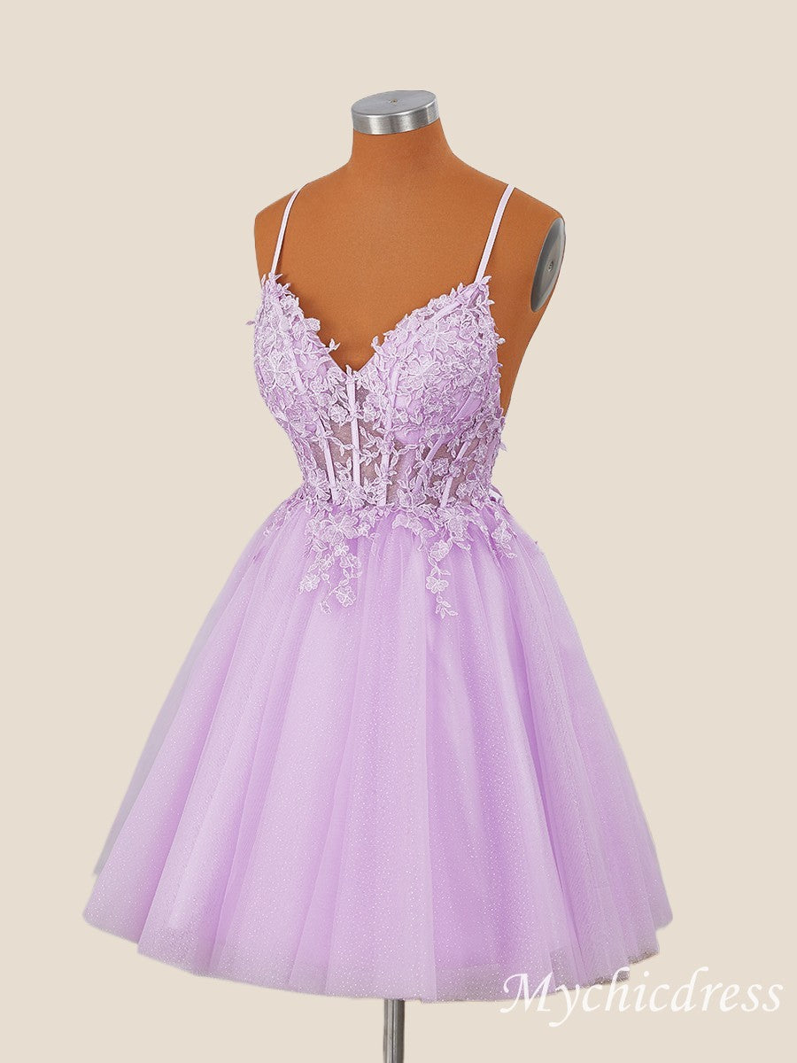A-Line Short Lilac Homecoming Dress Straps with Appliques - MyChicDress