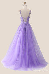A-Line V Neck Formal Wedding Guest Dress Lavender Lace Long - MyChicDress