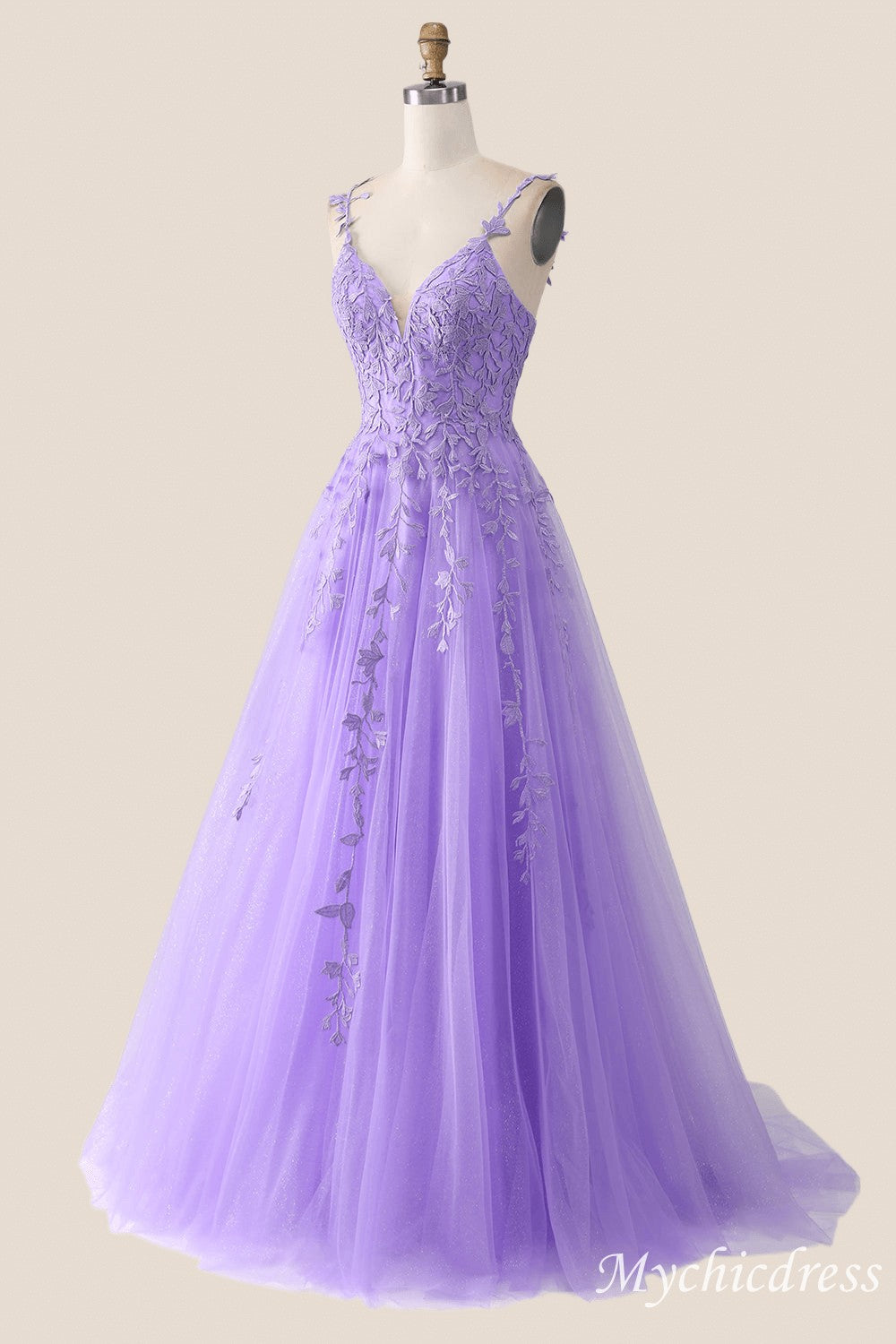 A-Line V Neck Formal Wedding Guest Dress Lavender Lace Long - MyChicDress