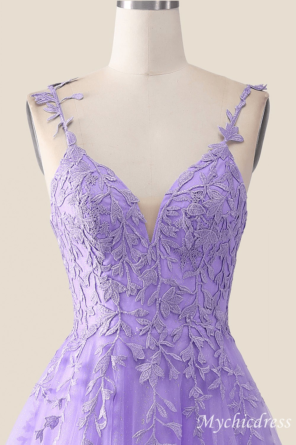A-Line V Neck Formal Wedding Guest Dress Lavender Lace Long - MyChicDress