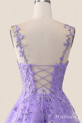 A-Line V Neck Formal Wedding Guest Dress Lavender Lace Long - MyChicDress