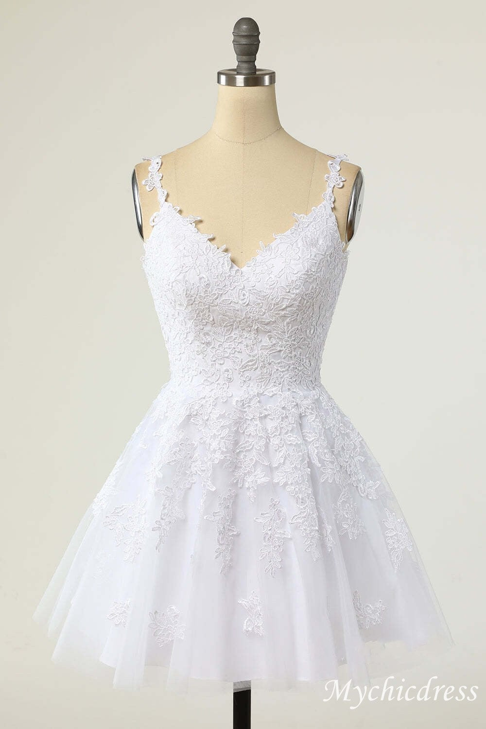 A-Line White Short 2025 Graduation Dresses Lace Homecoming Dress - MyChicDress