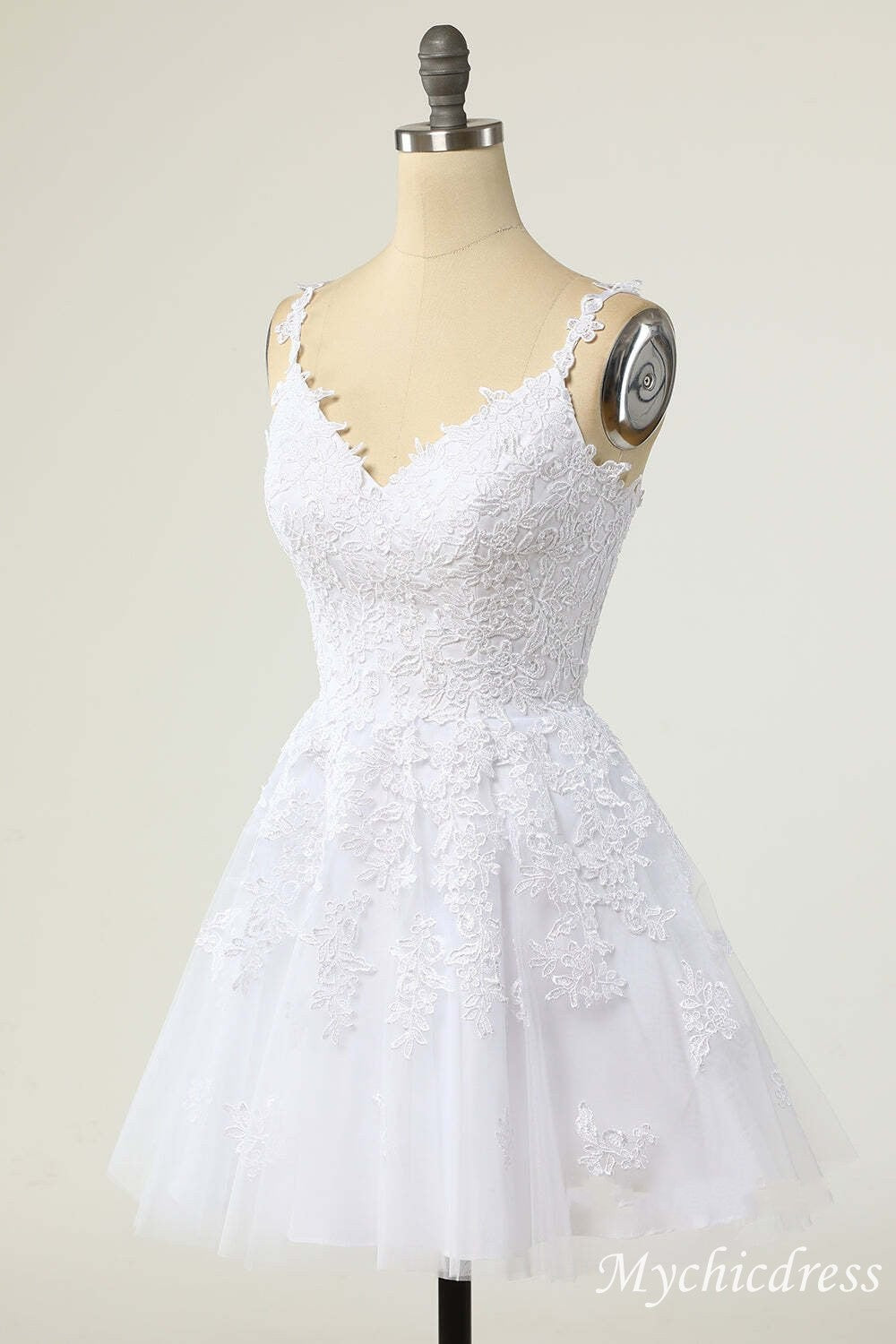 Vestido de graduacin corto blanco lnea A de encaje para regreso a casa 2026 Vestido de graduacin corto blanco lnea A de encaje para regreso a casa 2026
