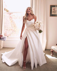 A-Line White Sleeveless Satin Wedding Gown With Side Slit