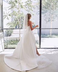 A-Line White Sleeveless Satin Wedding Gown With Side Slit - MyChicDress