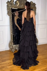 A-Line Strapless Tiered Green Formal Dress V-Neck Layered Prom Gown Chiffon