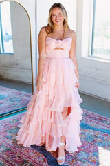 A-Line Strapless Tiered Green Formal Dress V-Neck Layered Prom Gown Chiffon