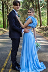 A-line Beach blue Evening Dress Sexy with Ruffles