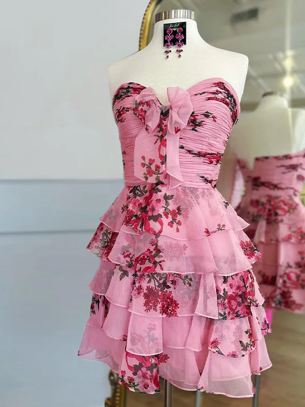 A-line Pink  Floral Homecoming Dress chiffon with Bow