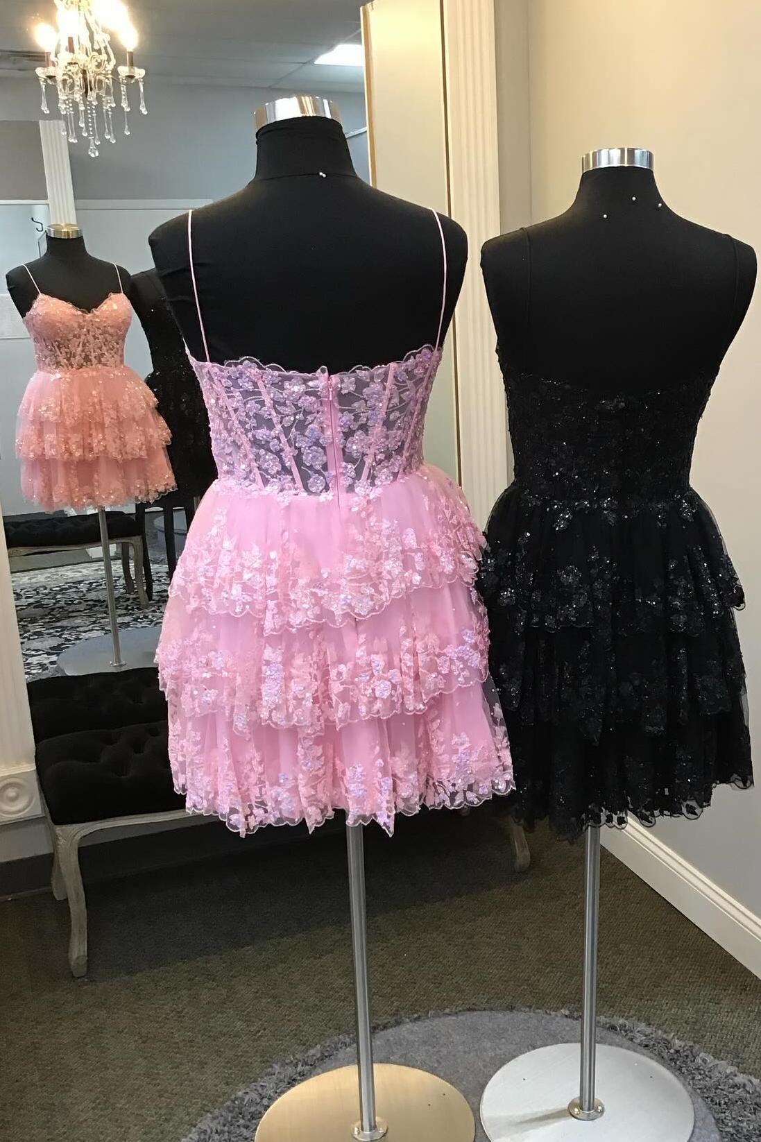 A-line Short Homecoming Dress Pink Ruffle Straps Appliques