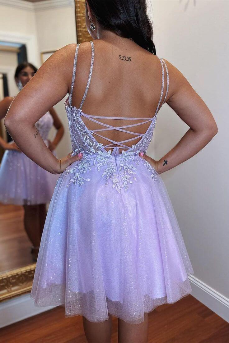 A-line Short Blue Homecoming Dresses Straps Lace Princess Graduation Dress