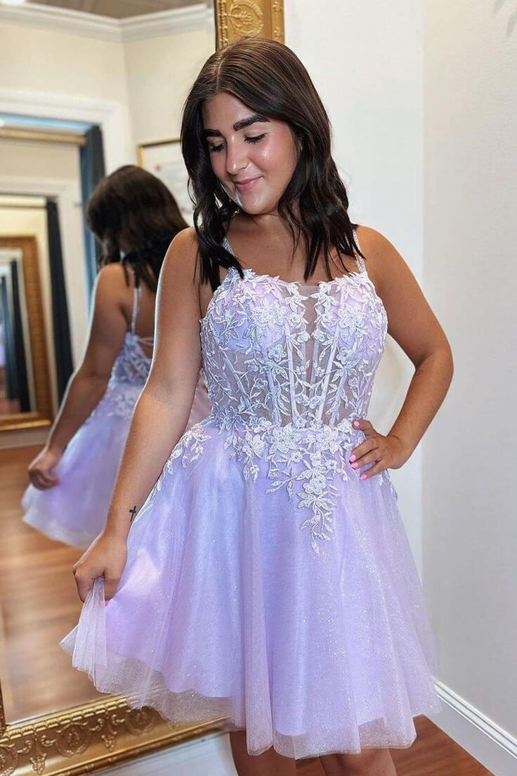 A-line Short Blue Homecoming Dresses Straps Lace Princess Graduation Dress