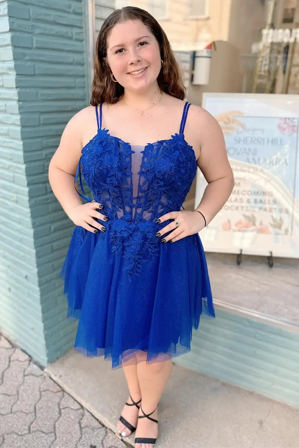A-line Short Blue Homecoming Dresses Straps Lace Princess Graduation Dress