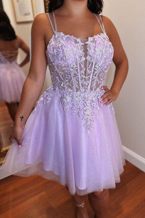 A-line Short Blue Homecoming Dresses Straps Lace Princess Graduation Dress