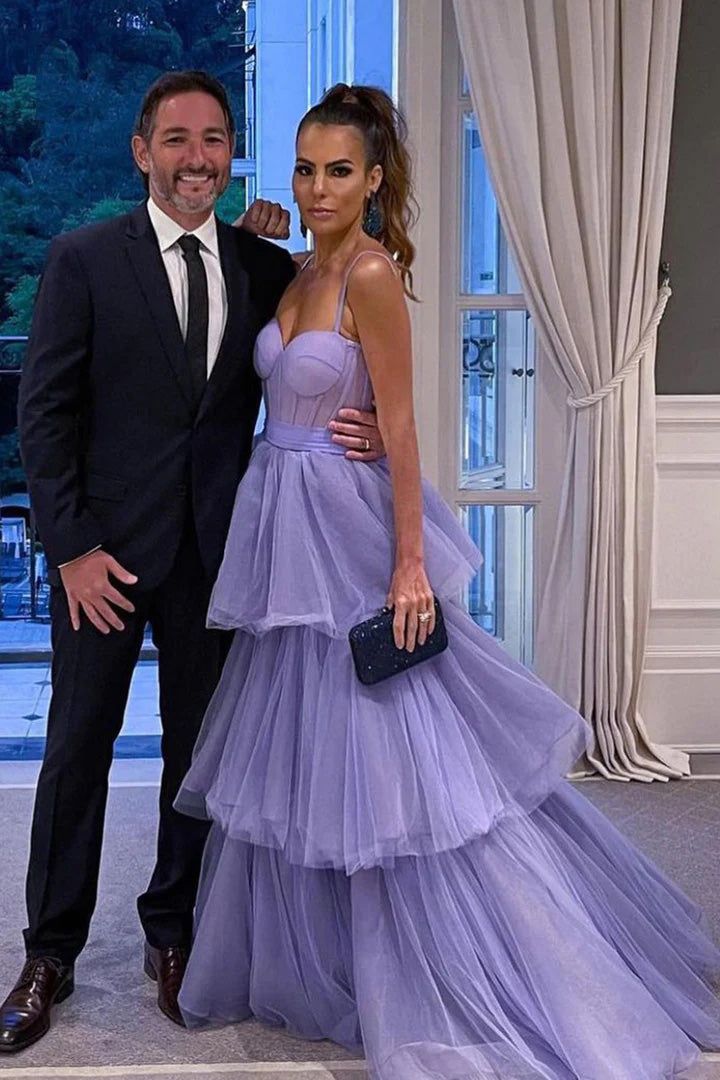 A-line Tulle Tiered Prom Dresses Purple Spaghetti Straps Long