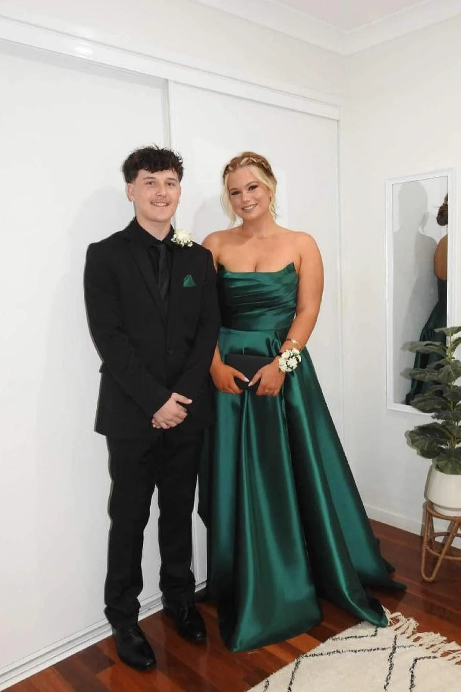 A-line Sage Green Wedding Guest Dress Strapless Satin Long Formal Gown