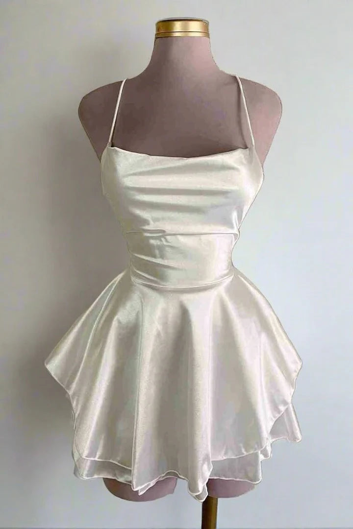 A-line White Graduation Dress Satin Homecoming Dress Spaghetti Strap