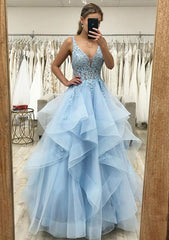 A-line Blue Tiered Formal Dresses Lace V Neck Sleeveless With Appliqued