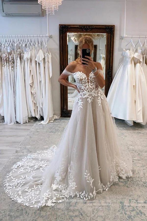 A-line Lace Beach Bridal Wears Off Shoulder Tulle Appliques - MyChicDress