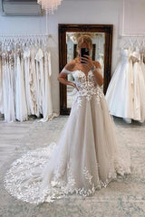 A-line Lace Beach Bridal Wears Off Shoulder Tulle Appliques - MyChicDress