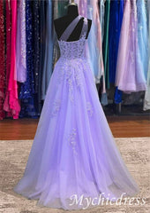 A-line 2024 Lavender Long Prom Dresses One Shoulder Lace Formal Gown