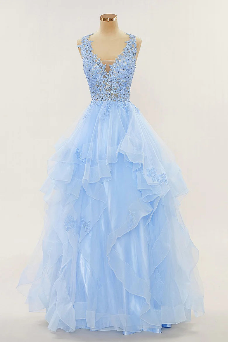 A-line Long Layers Lace Prom Dresses Light Blue Beaded Appliques - MyChicDress