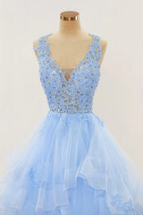 A-line Long Layers Lace Prom Dresses Light Blue Beaded Appliques - MyChicDress