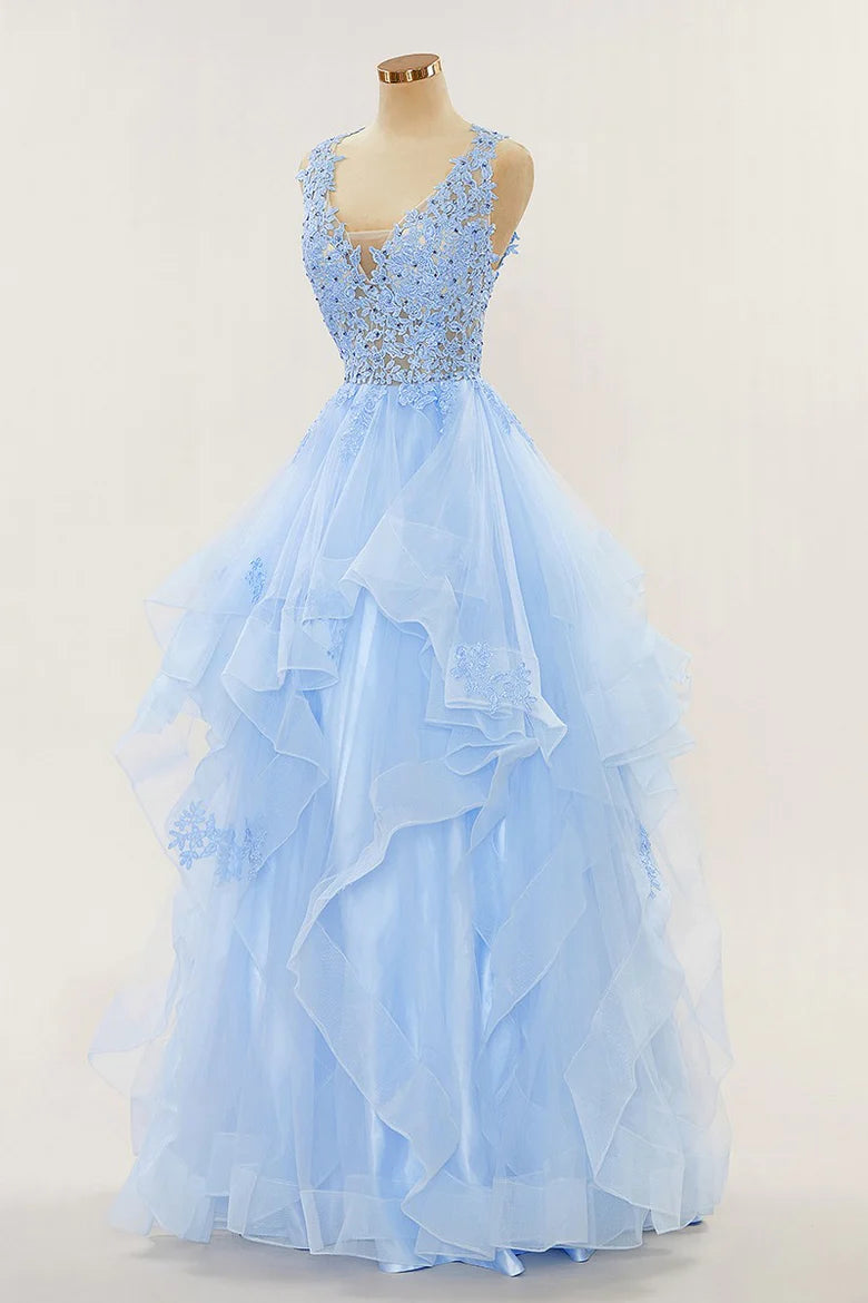 A-line Long Layers Lace Prom Dresses Light Blue Beaded Appliques - MyChicDress