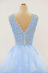 A-line Long Layers Lace Prom Dresses Light Blue Beaded Appliques - MyChicDress