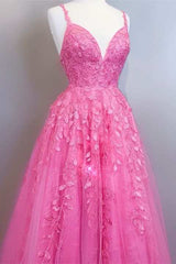 A-line Pink Lace Evening Dresses Appliques V Neck Prom Dress 2024
